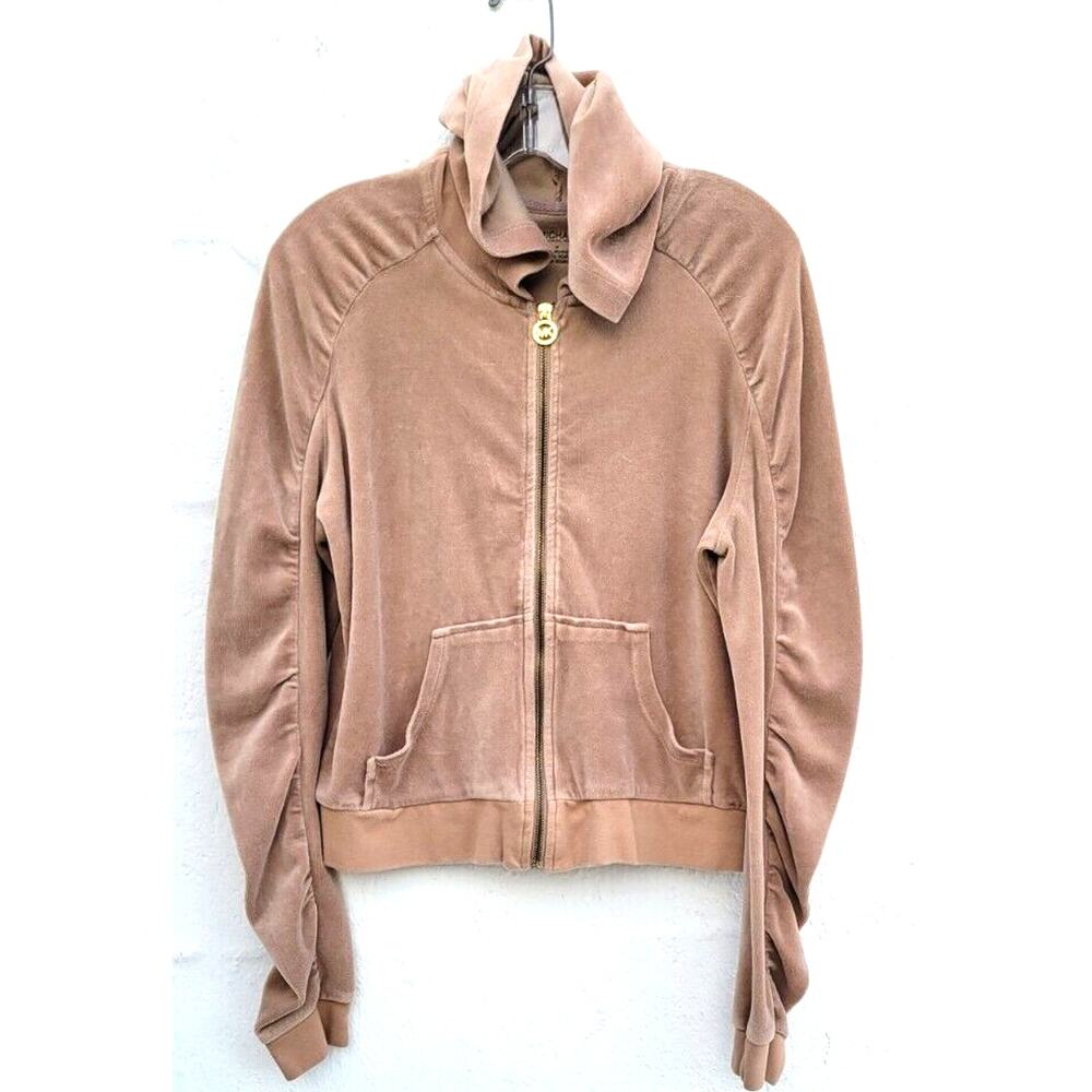 Vtg Y2K Michael Kors Velour Track Jacket Medium Mocha Tan Ruched Full Zip Hoodie